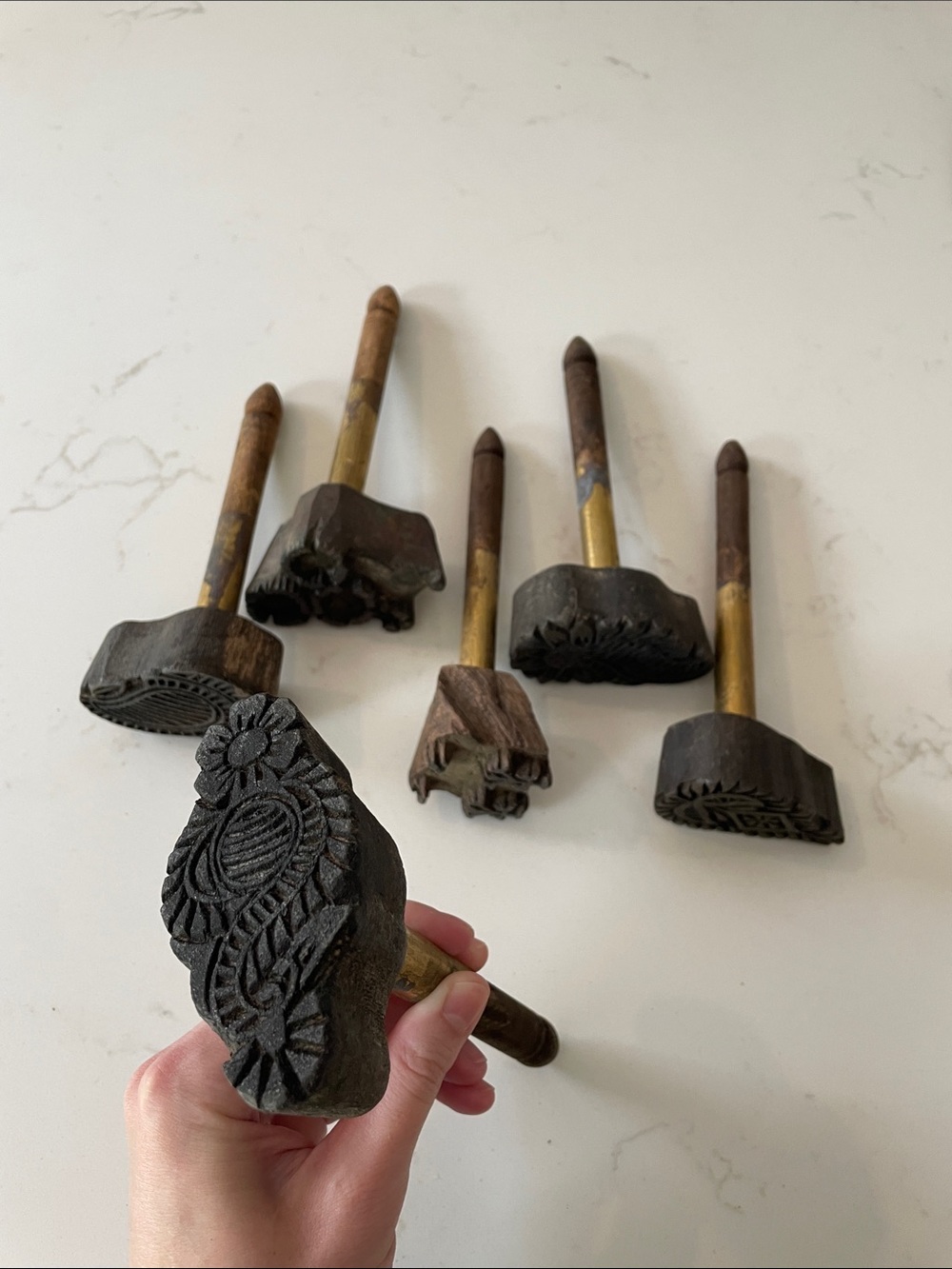 Hand-Carved Wooden Block Printing Stamp Set - Brown